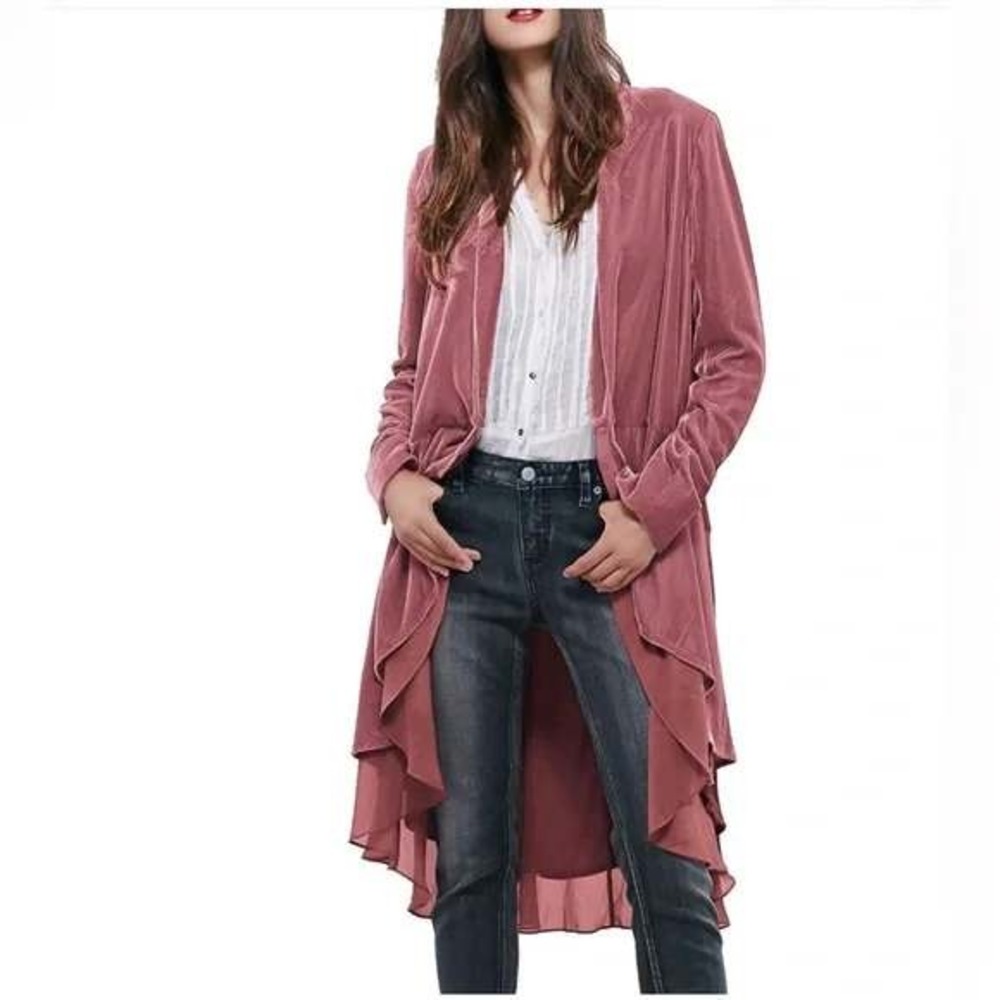 R. Vivimos Velvet Duster Cardigan Pink Open Front Waterfall Hem Chic Medium NWOT